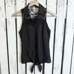Copper Key Black Lace Top Size Small Tie Midriff 90s Vibes Goth Glam Button Up